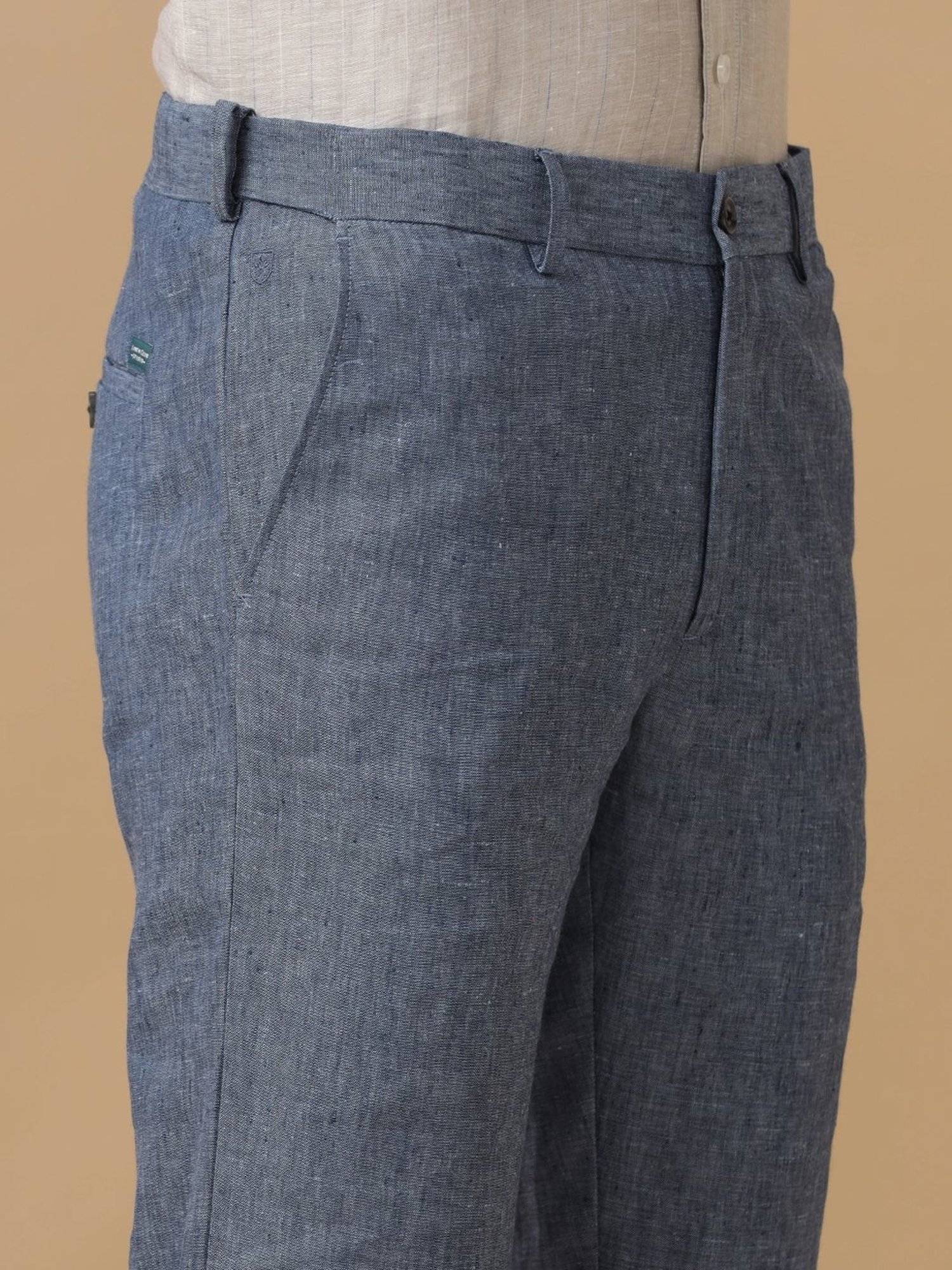 Linen Club Blue Linen Contemporary Fit Texture Trousers