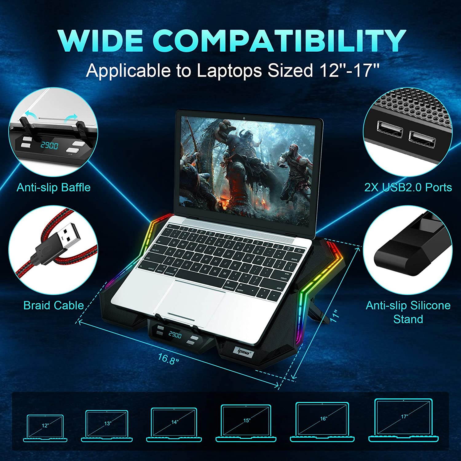 12-Mode RGB Laptop Cooling Pad LED Screen Gaming Laptop Cooler with 6 High-Speed Adjustable Fans, 7 Heights Stand, 2 USB Ports, Compatible up to 17'' Laptop & PS4