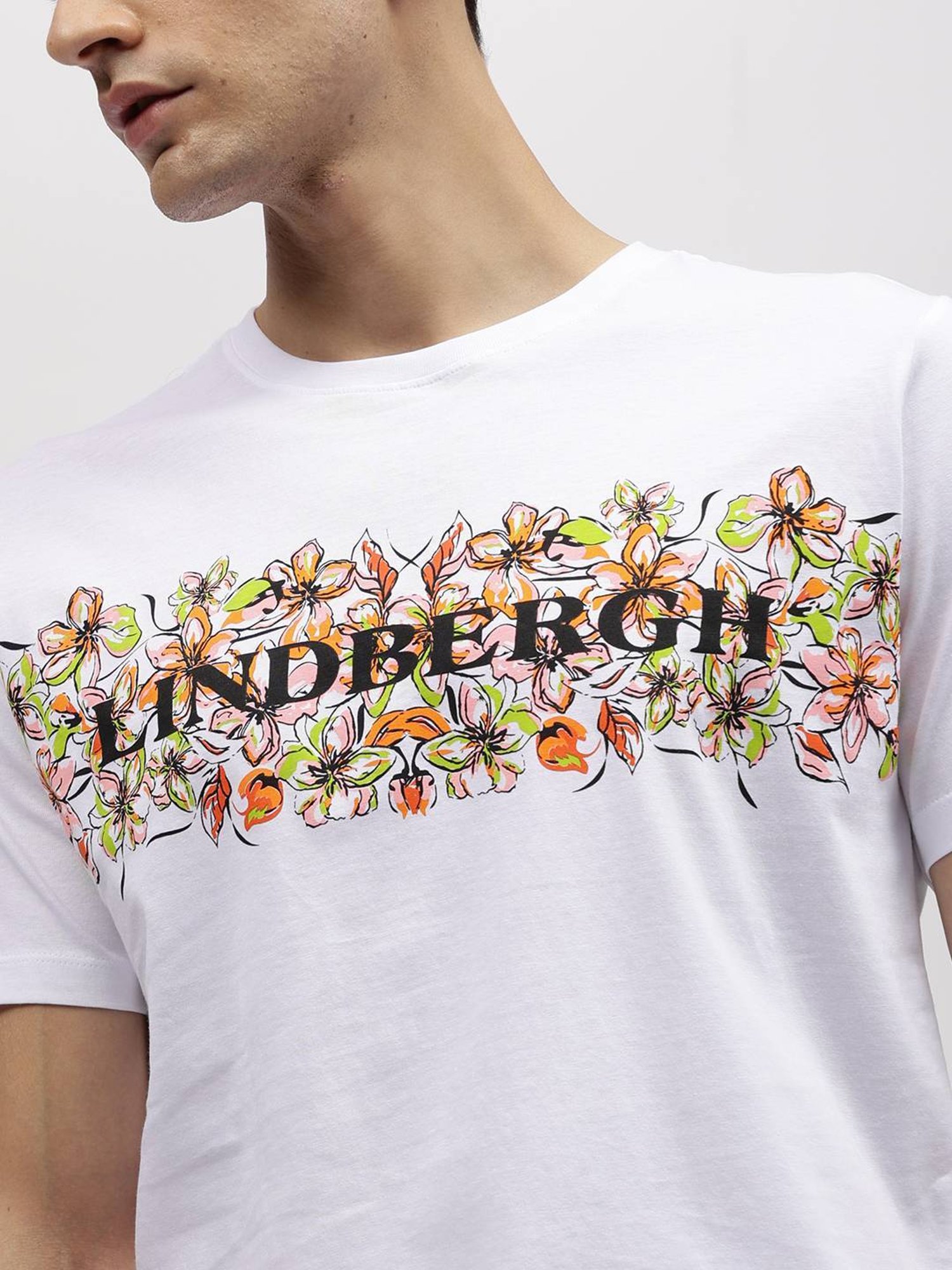 Lindbergh White Cotton Regular Fit Printed T-Shirt