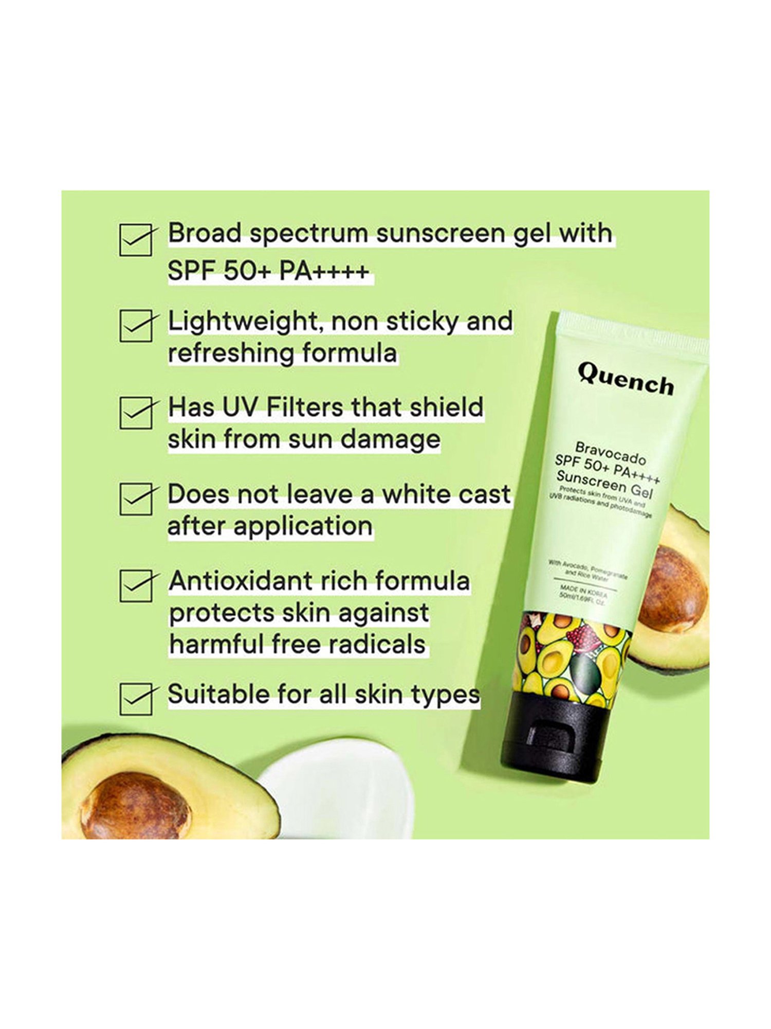 Quench Botanics Bravocado SPF 50+ PA++++ Sunscreen Gel - 50 ml