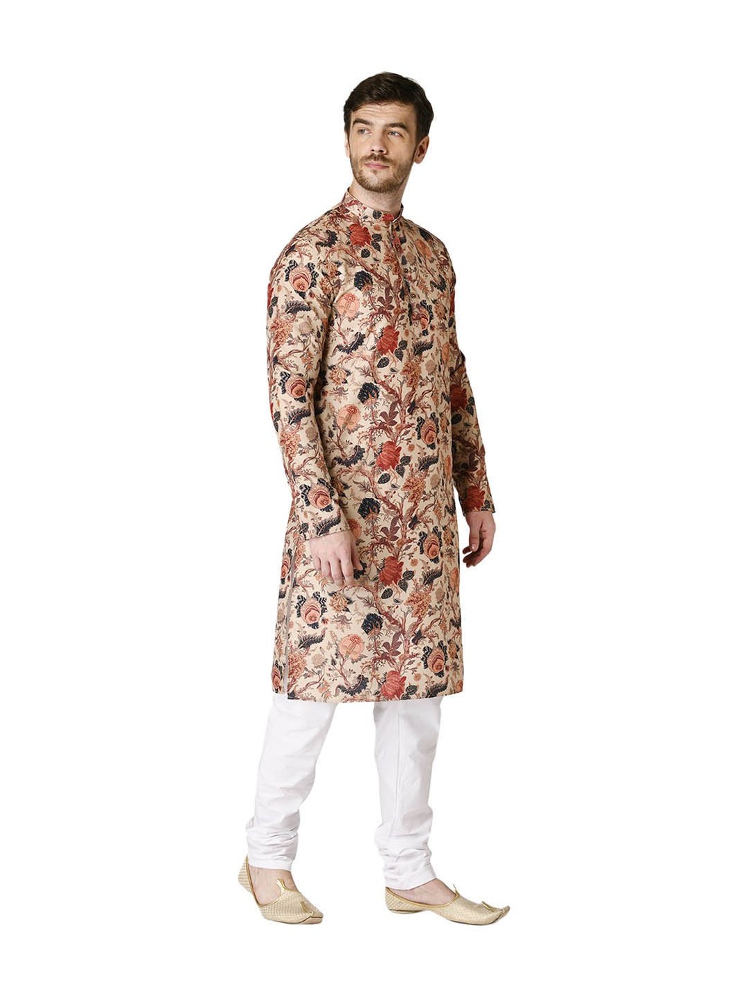 Tabard Beige & White Printed Cotton Kurta & Churidar Set