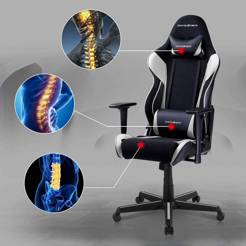 DXRacer OH/RAA106/NR Racing Series Adjustable Ergonomic Gaming Home Office Desk Chairt, Swivel Base, Wheels, and Headrest, Black and White
