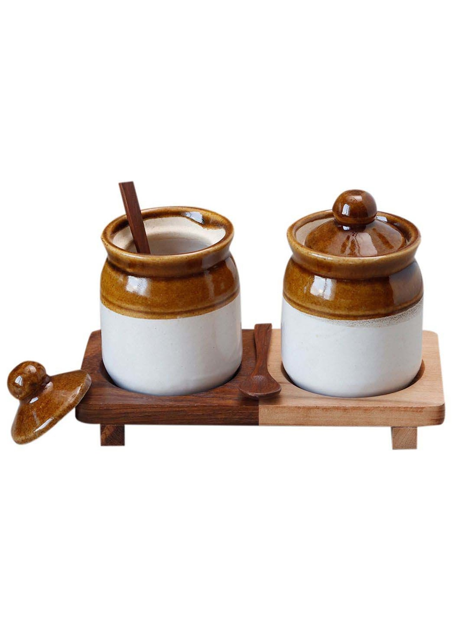 Unravel India New Brown & White Wood Martaban Jar with Spoon & Tray - Set of 5