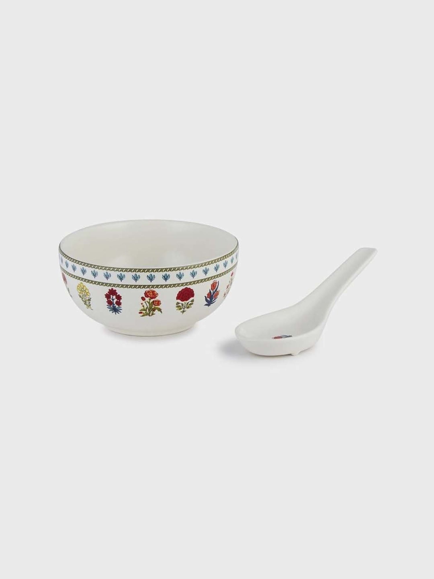 Fabindia Home Ramya Red & White Ceramic Soup Bowl With Spoon (350ml) - Set of 2