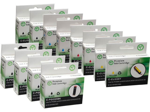 Green Project C-CLI226(12pk) 2 Black 2 Cyan 2 Magenta 2 Yellow Ink Cartridge with new chip and free 20pk 4x6 photo paper Replaces Canon PGI225 & CLI226