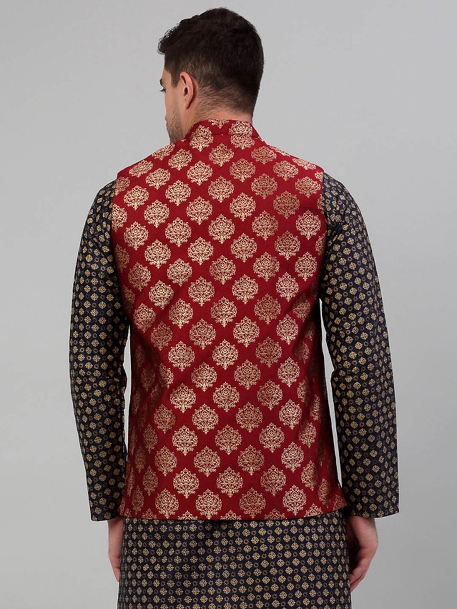 Jompers Maroon Regular Fit Printed Nehru Jacket