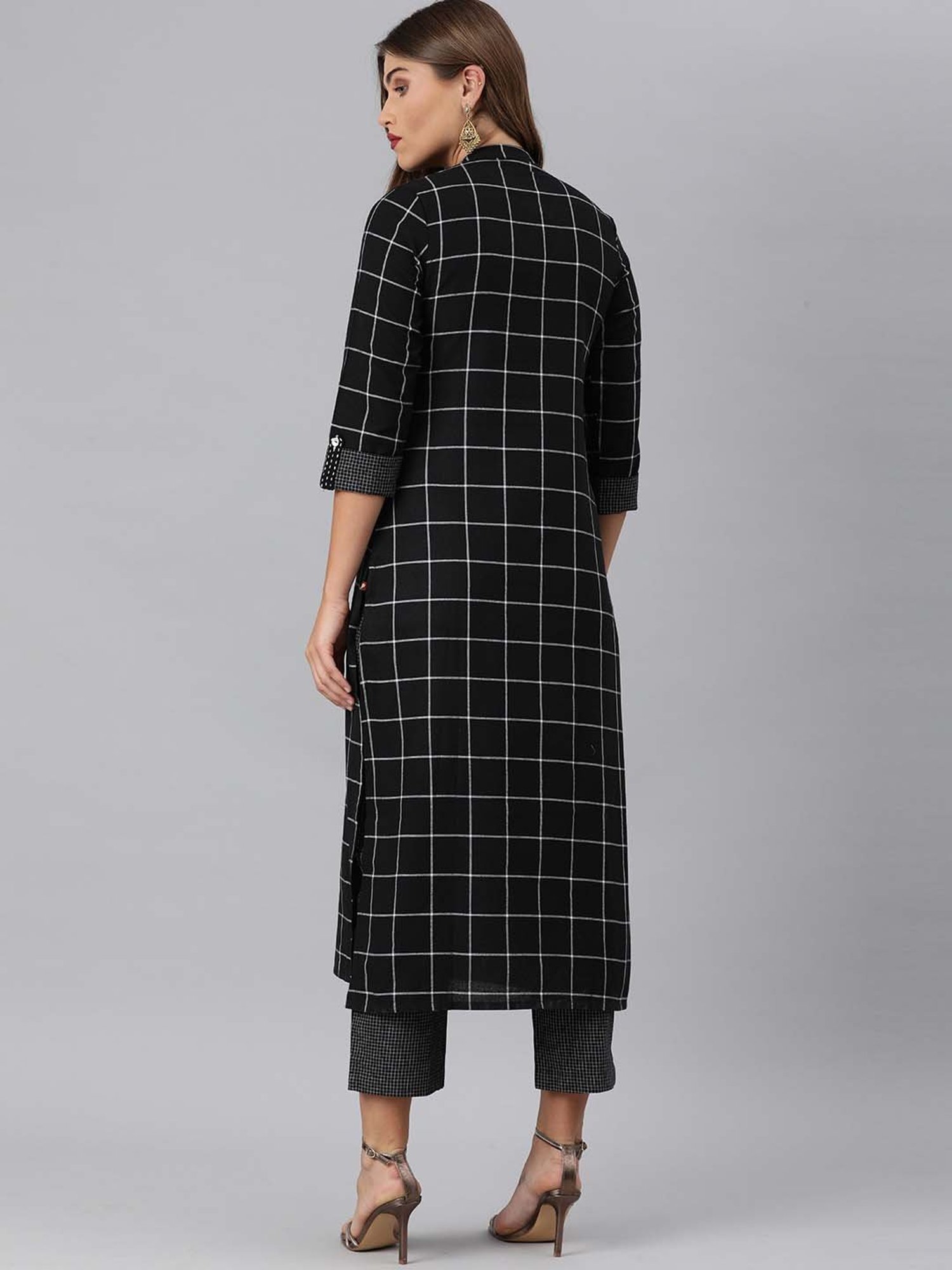 KSUT Black Chequered Kurta Pant Set