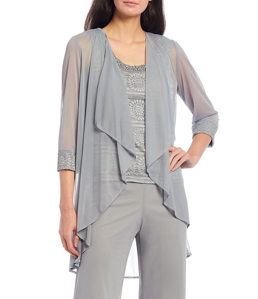 R & M Richards Glitter Chiffon Lace Duster 3-Piece Pant Set