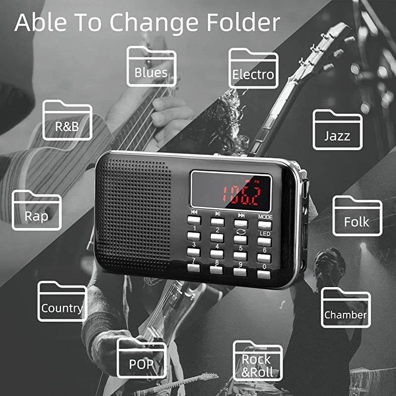 Mini Portable Radio AM FM Pocket Radio with LED Flashlight, Digital Radio Speaker Support Micro SD/TF Card/USB, Auto Scan Save, 1200mAh Rechargeable Battery Operated, by [Latest Version]
