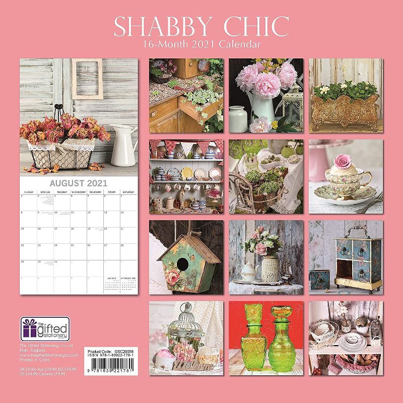 The Gifted Stationery 2021 Wall Calendar 12" x 12" Monthly View, Shabby Chic, 16-Month, with 180 Reminder Stickers