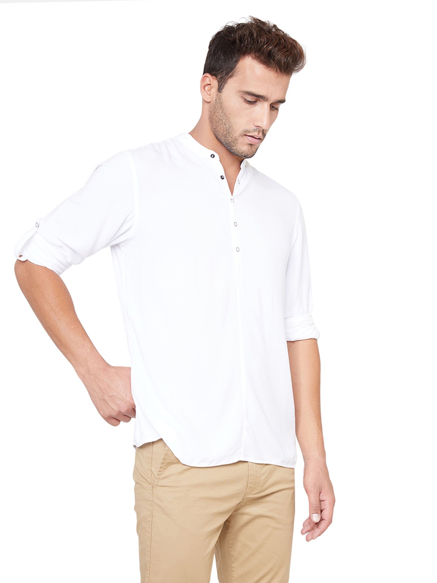 Identiti White Full Sleeves Solid Slim Fit Short Kurta