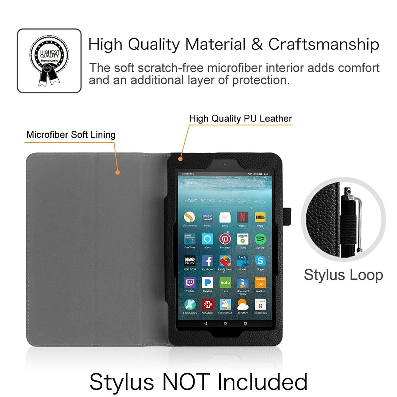 Fintie Folio Case for Amazon Fire 7 Tablet (Previous Generation - 7th, 2017 Release) - Slim Fit PU Leather Standing Protective Cover Auto Wake/Sleep, Compatible with Fire 7 (5th Gen, 2015), Black