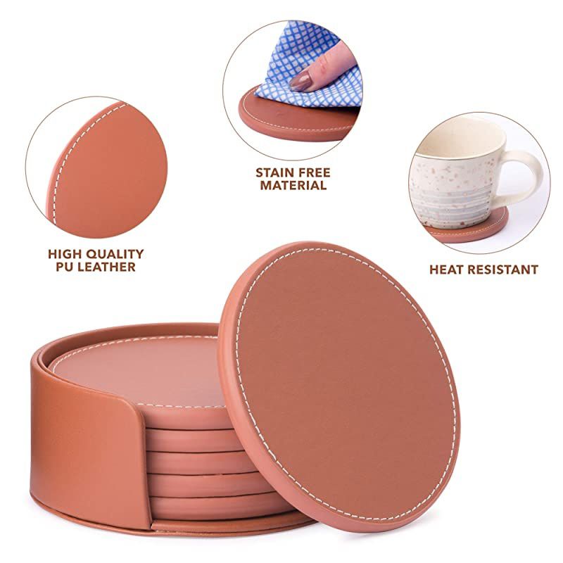 Remote Control Holder Organizer BoxPU Leather Universal Remote Caddy Desktop Organizer 5 Storage Compartments for Office and Set of 6 Round Protection Coasters for Furniture Table Dining Drinks