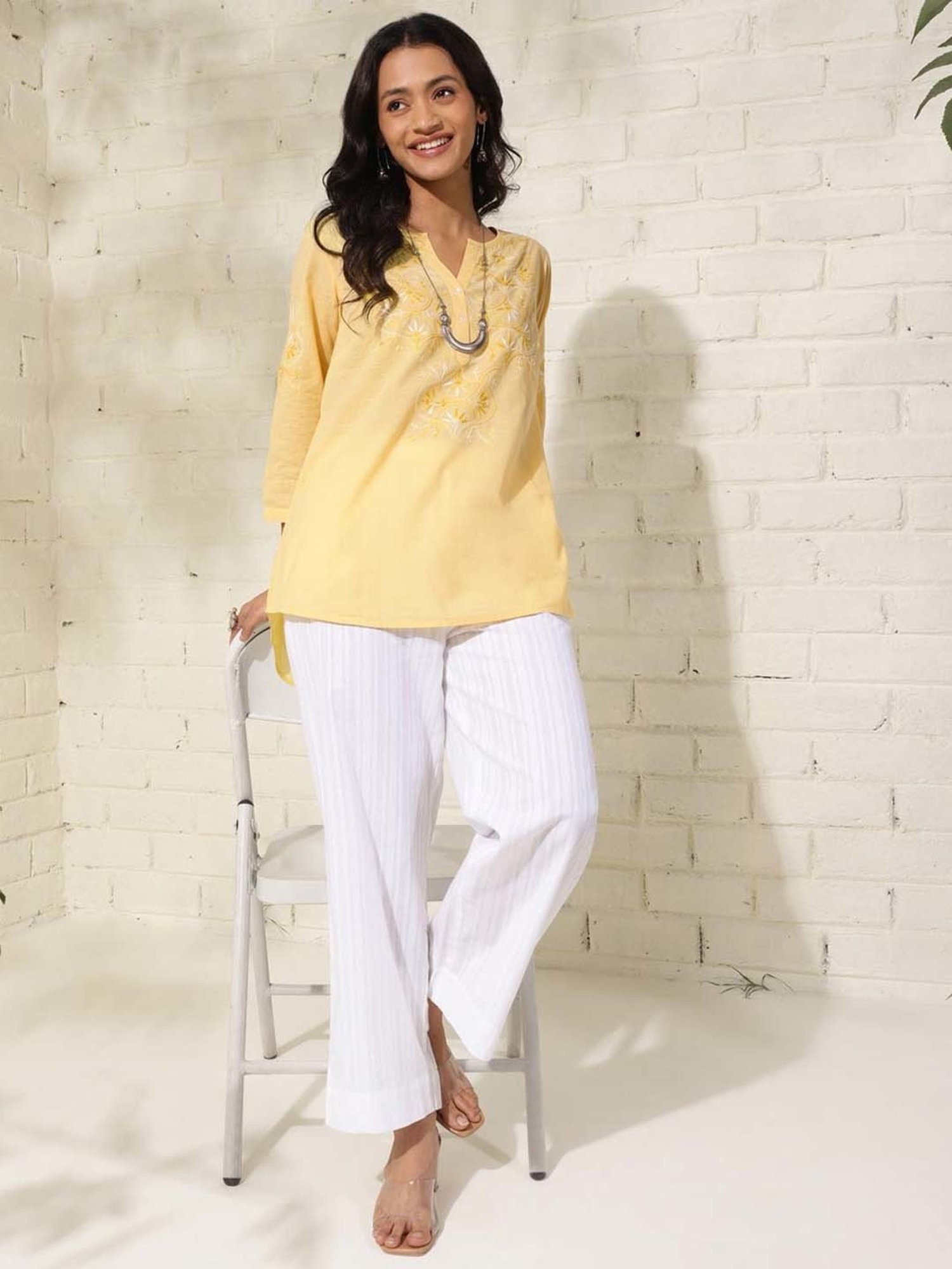 Fabindia Yellow Cotton Embroidered Tunic
