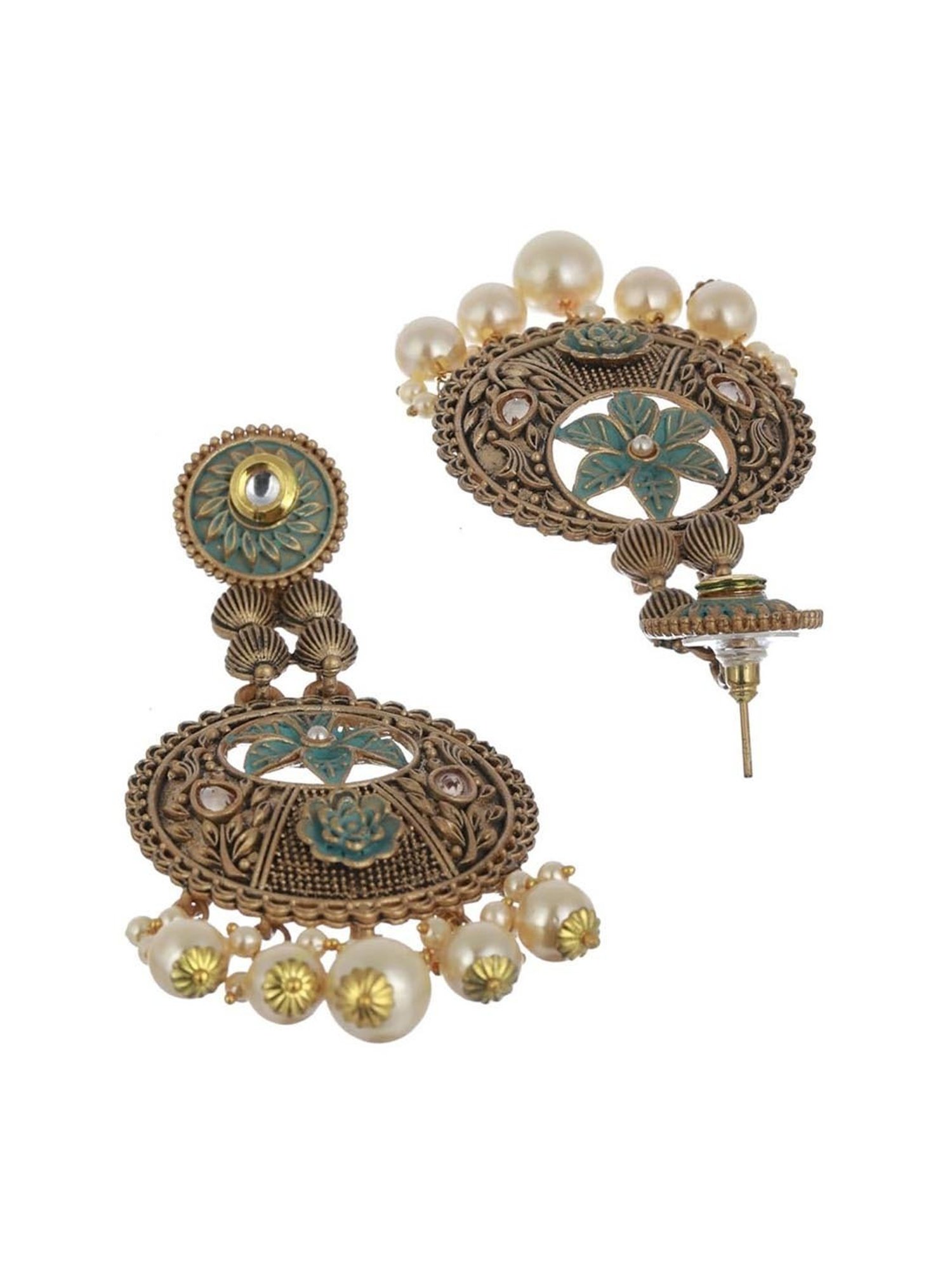 Priyaasi Floral Green & Golden Chand Bali Earrings