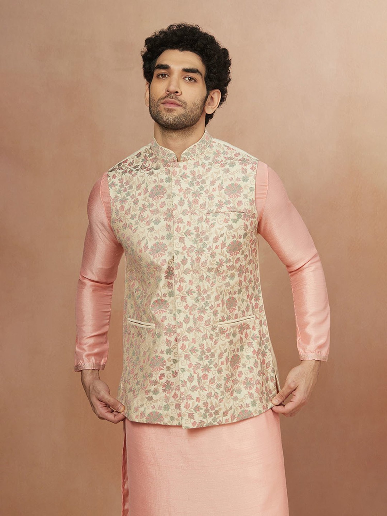 Manyavar Cream Floral Printed Nehru Jacket