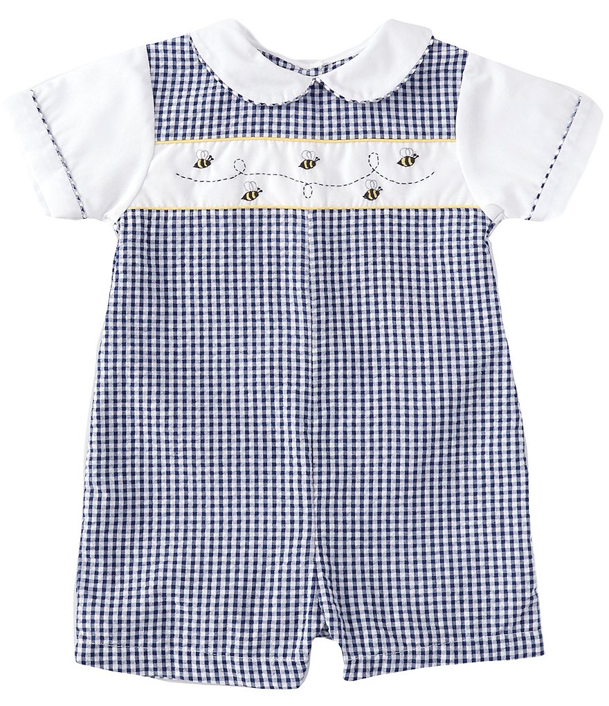 Petit Ami Baby Boys 12-24 Months Short-Sleeve Solid/Checked Bee Smocked Jon Jon Shortall