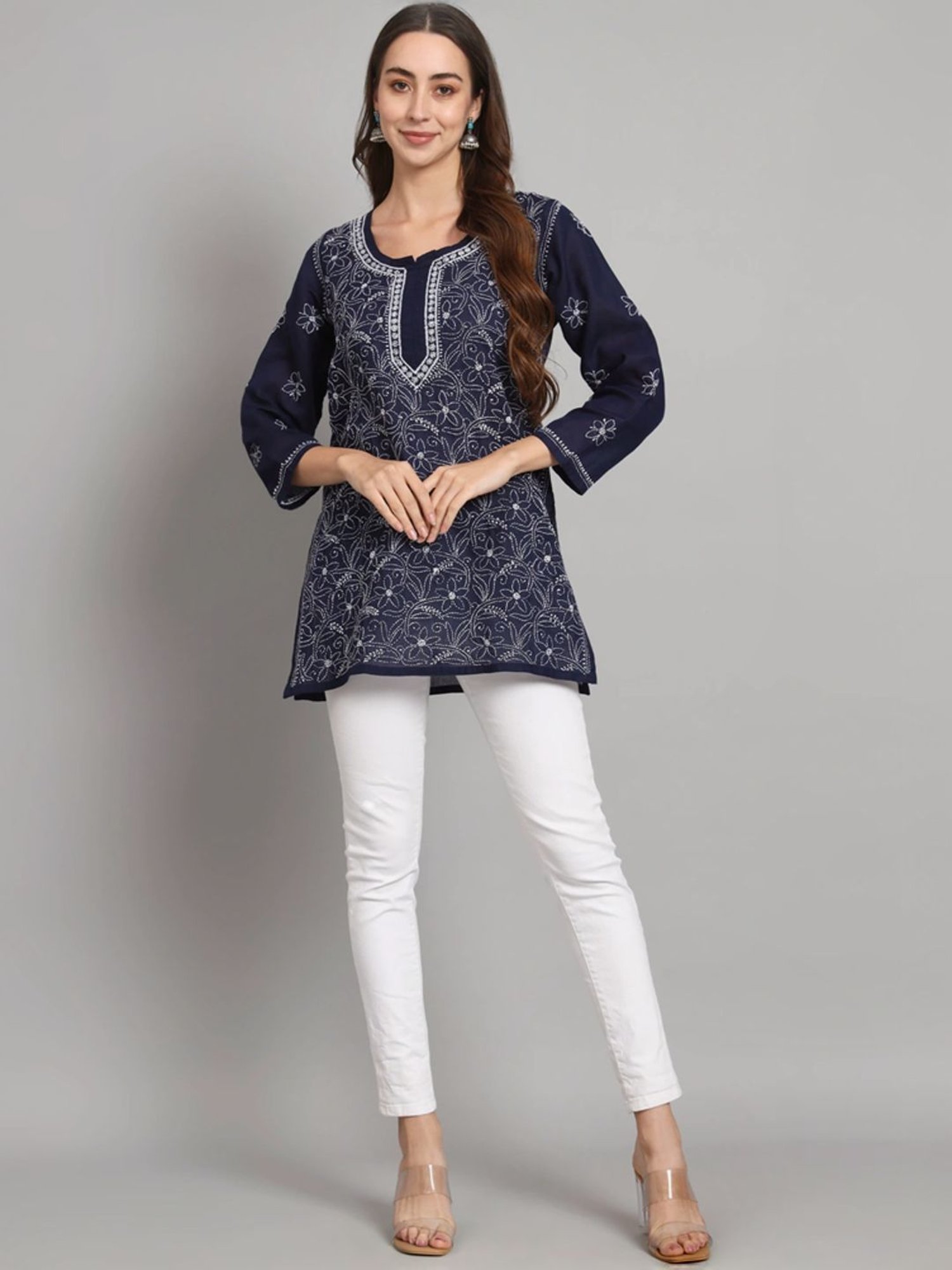 PARAMOUNT CHIKAN Navy Cotton Hand Embroidered Chikankari Straight Kurti