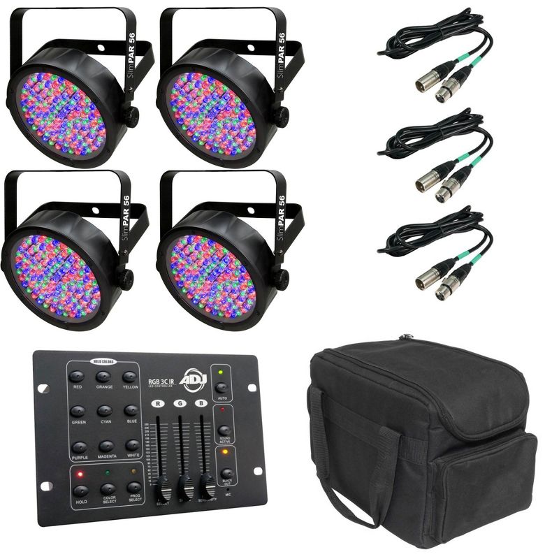 Chauvet 4 SlimPar 56 LED DMX Can Lights + 4 10-Foot Cables + Case + Controller