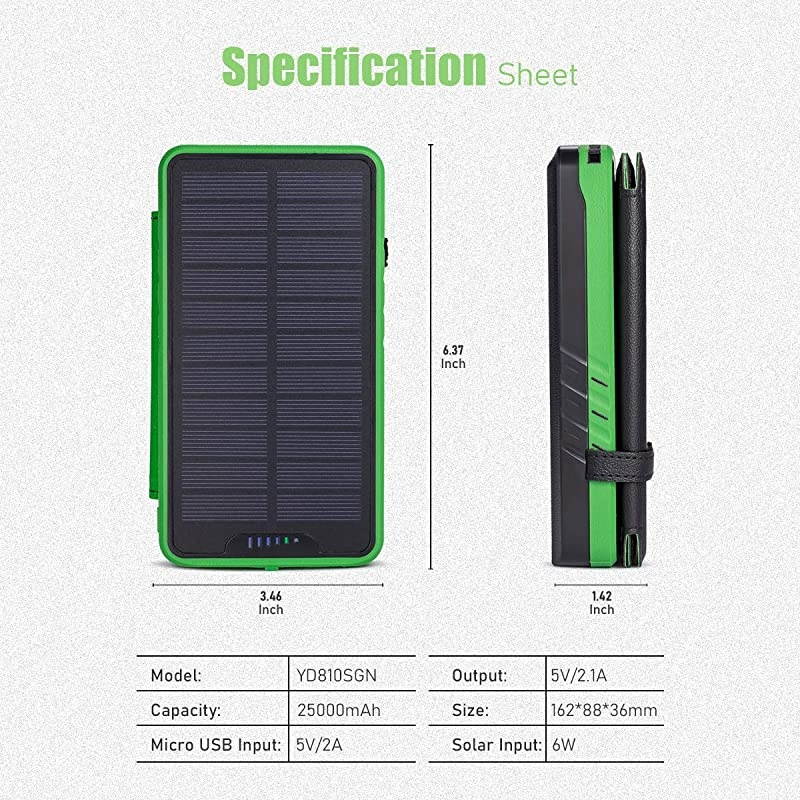 Solar Power Bank,  Camping Phone Charger 25000mAh Dual Output, External Battery Pack for iPhone, Samsung Galaxy, Android Phone and More &hellip;