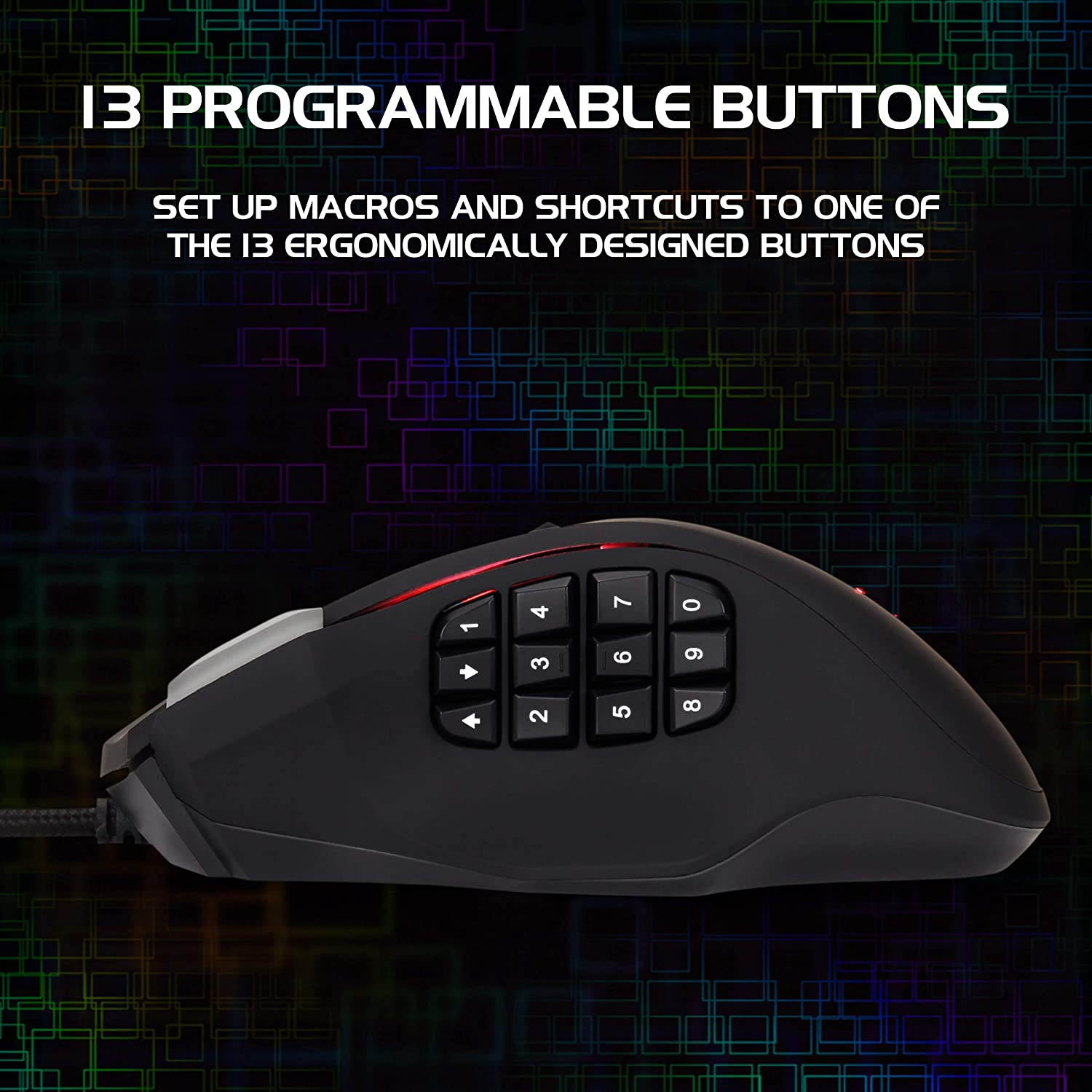 ENHANCE Theorem 2 MMO Gaming Mouse with 13 Programmable Side Buttons - RGB Gaming Mouse with 6 Customizable DPI Settings, 5 Gaming Profiles, Quick Fire Button, USB Ergonomic Wired Mouse - Black