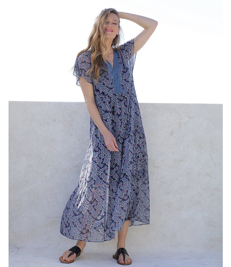 London Times Short Sleeve V-Neck Paisley Tiered Maxi Dress