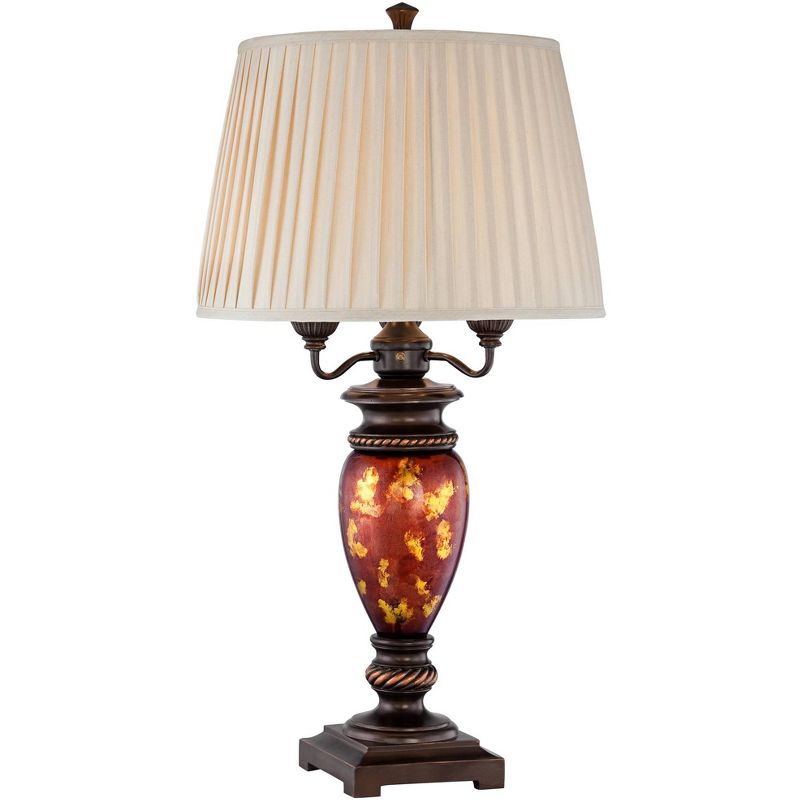 Barnes and Ivy Traditional Table Lamp Bronze Metal Urn Tortoise Shell Glass Off White Pleated Shade for Living Room Family Bedroom