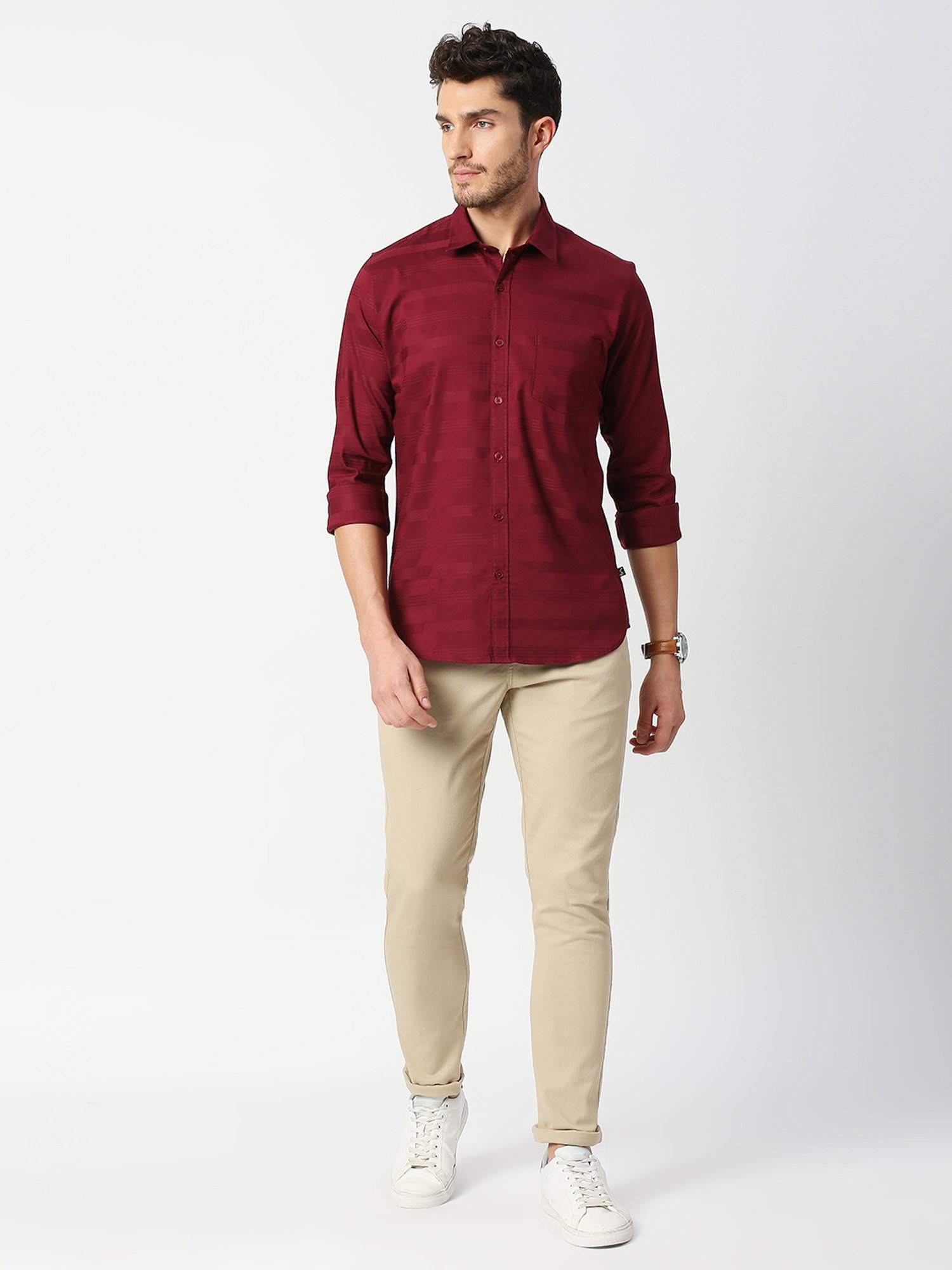 SOLEMIO Red Slim Fit Striped Shirt