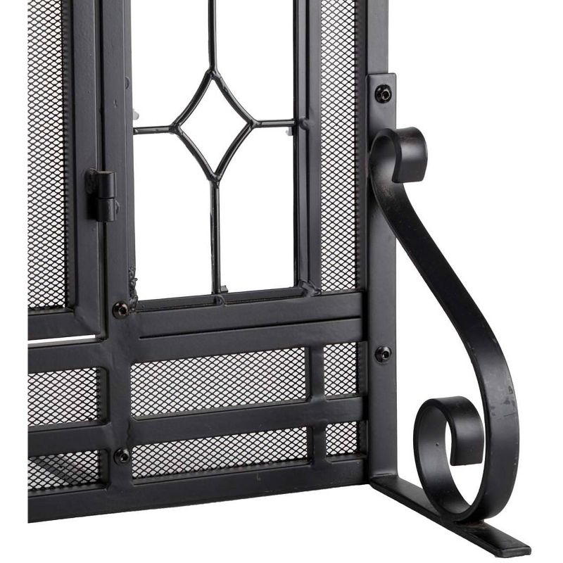 Plow & Hearth - 2-Door Floral Fireplace Fire Screen with Beveled Glass Panels, Black