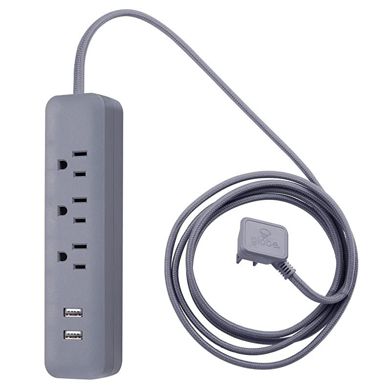 Designer Series 6ft 6Outlet USB Surge Protector Power Strip 2x USB Ports Surge Protector Right Angle Plug Circuit Breaker Switch Gray Finish 78252