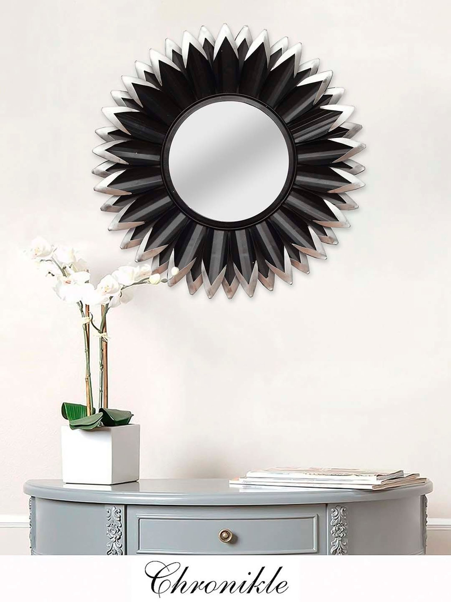 CHRONIKLE Black Iron Sun Burst Style Round Wall Mirror
