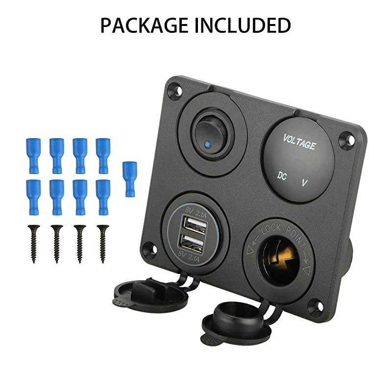4 in 1 Charger Socket Panel 12V 42A Dual USB Charger Socket Power Outlet LED Voltmeter Cigarette Lighter Socket LED Lighted ON Off Rocker Toggle Switch for Car Marine Boat RV Truck