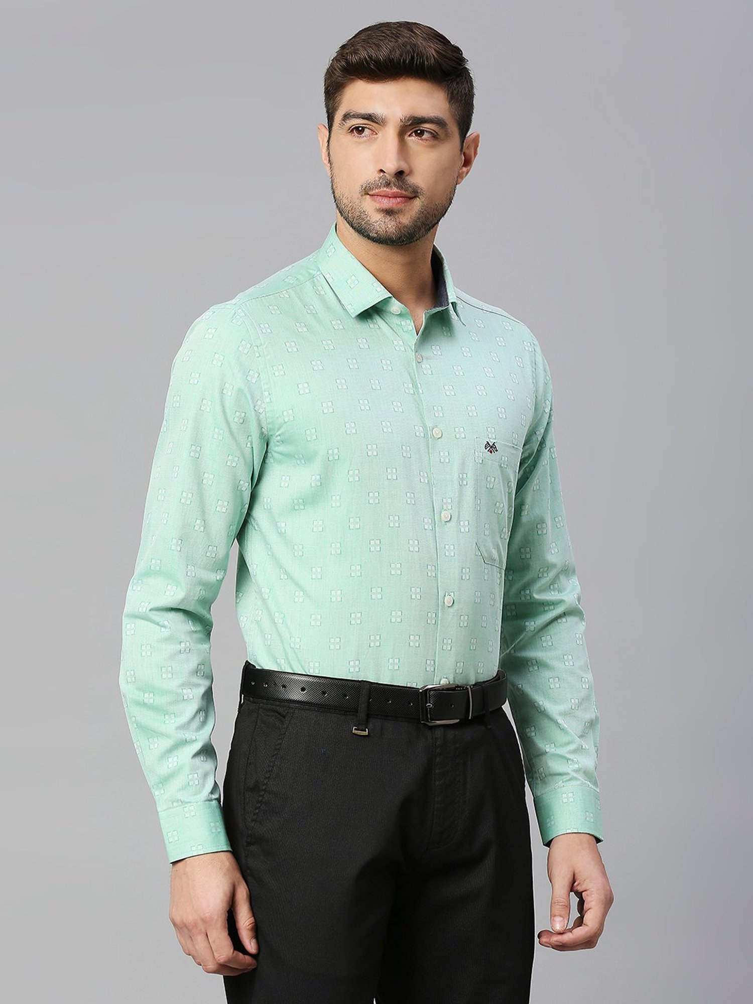 Thomas Scott Light Green Slim Fit Self Design Cotton Shirt
