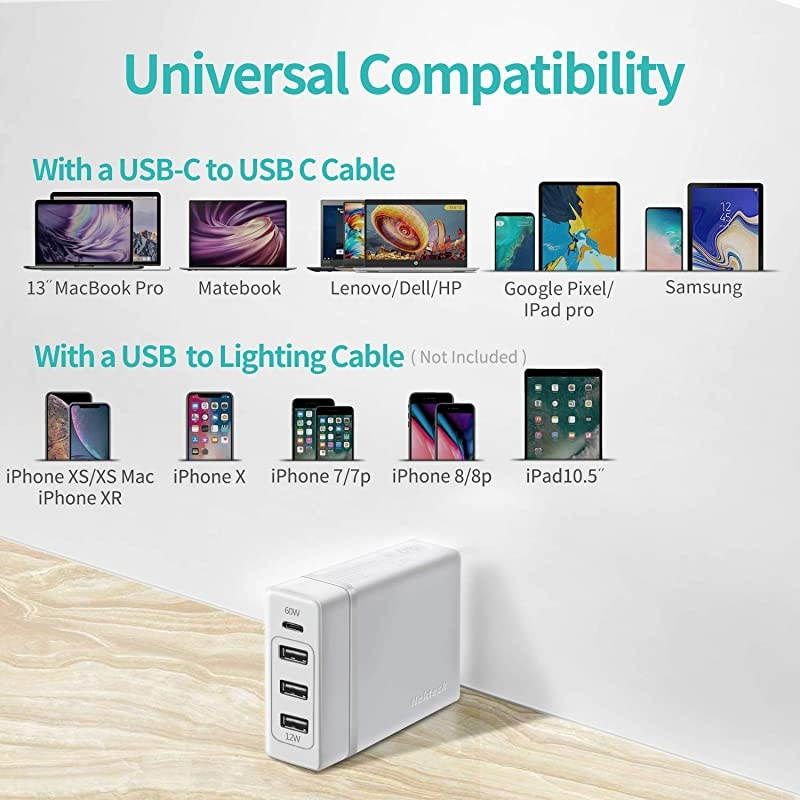 USB C Wall Charger Station  72W 4 Port Type C Charger with 60W Power Delivery Supply Adapter for MacBook ProAir Dell XPS iPad Pro 2018 iPhone Max Pixel S10S9 and MoreWhite