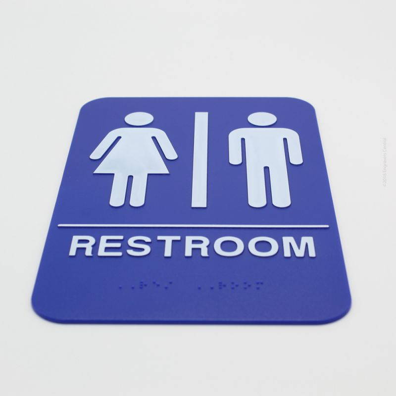 Unisex Braille Restroom Sign - 6x9 ADA Bathroom Sign with Double Sided Adhesive Tape on Back - (Blue Background)