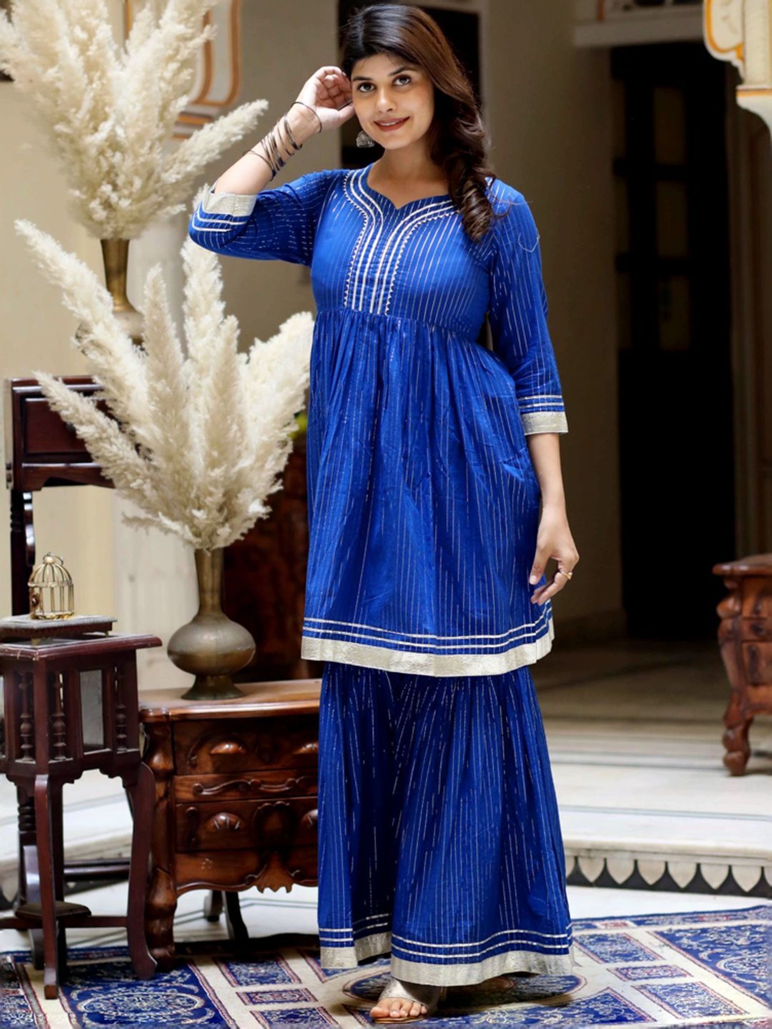 Miravan Blue Cotton Striped Kurti Sharara Set