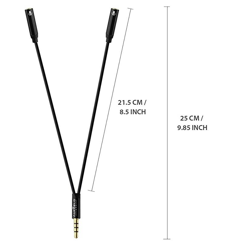 Professional  Dual Mic Adapter 35mm Jack Headset Splitter 4 Pole Male to 2 Dual Female Lavalier Lapel Microphone for Apple iPhone iPod Android Windows Smartphones Headphones Mic + Audio