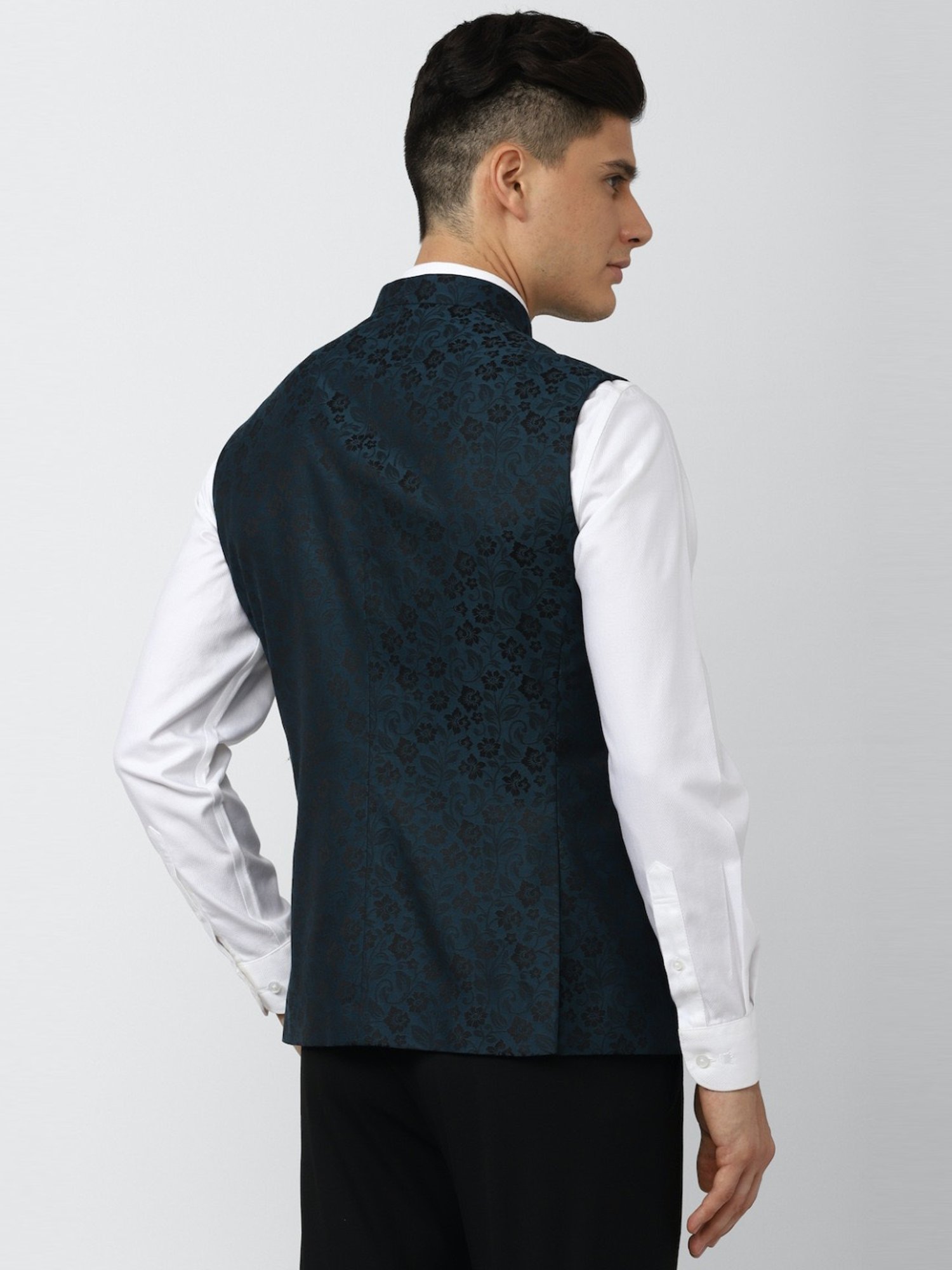 V Dot Navy Slim Fit Printed Nehru Jacket