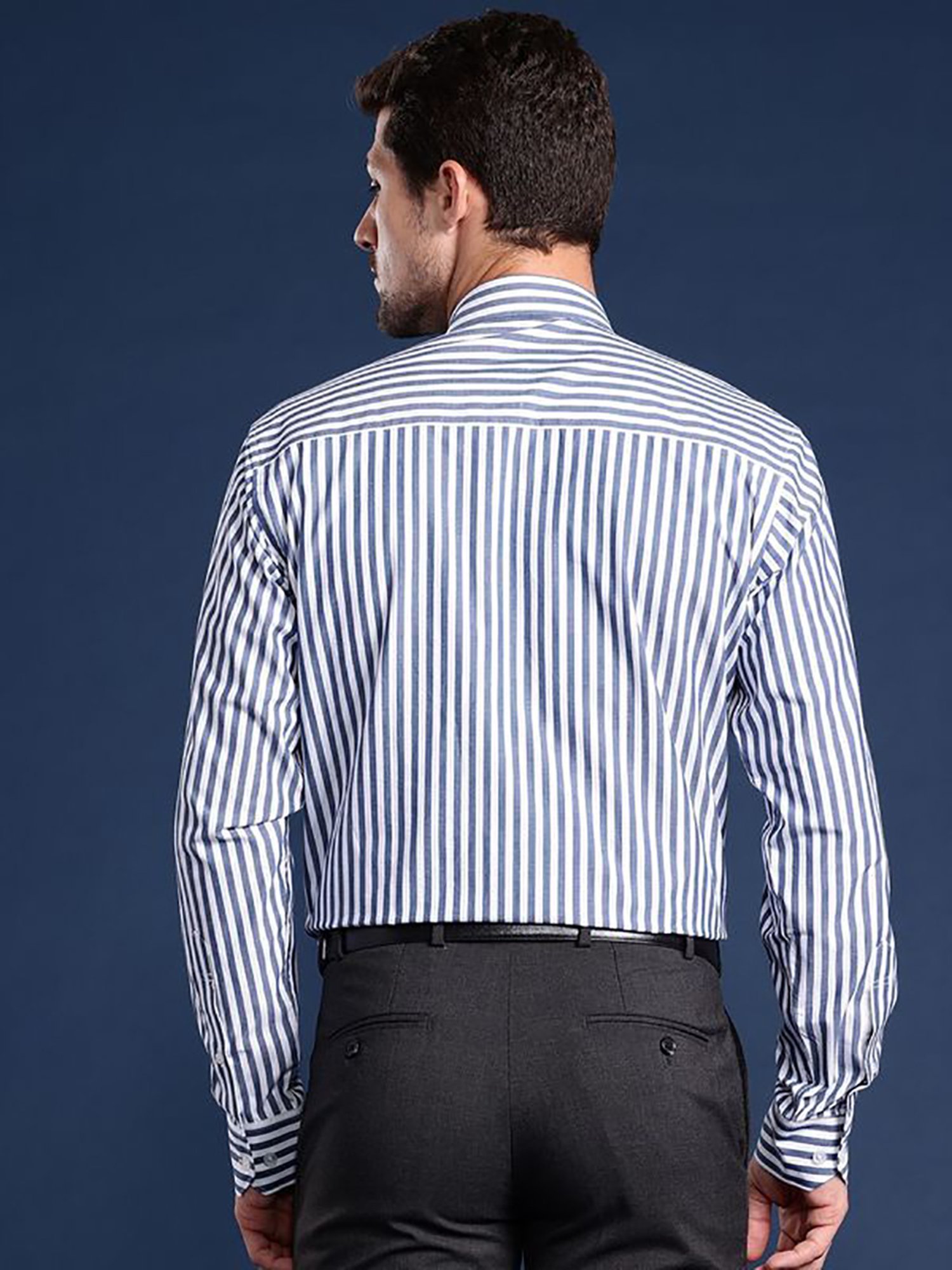 Hancock Blue Cotton Slim Fit Stripes Shirts