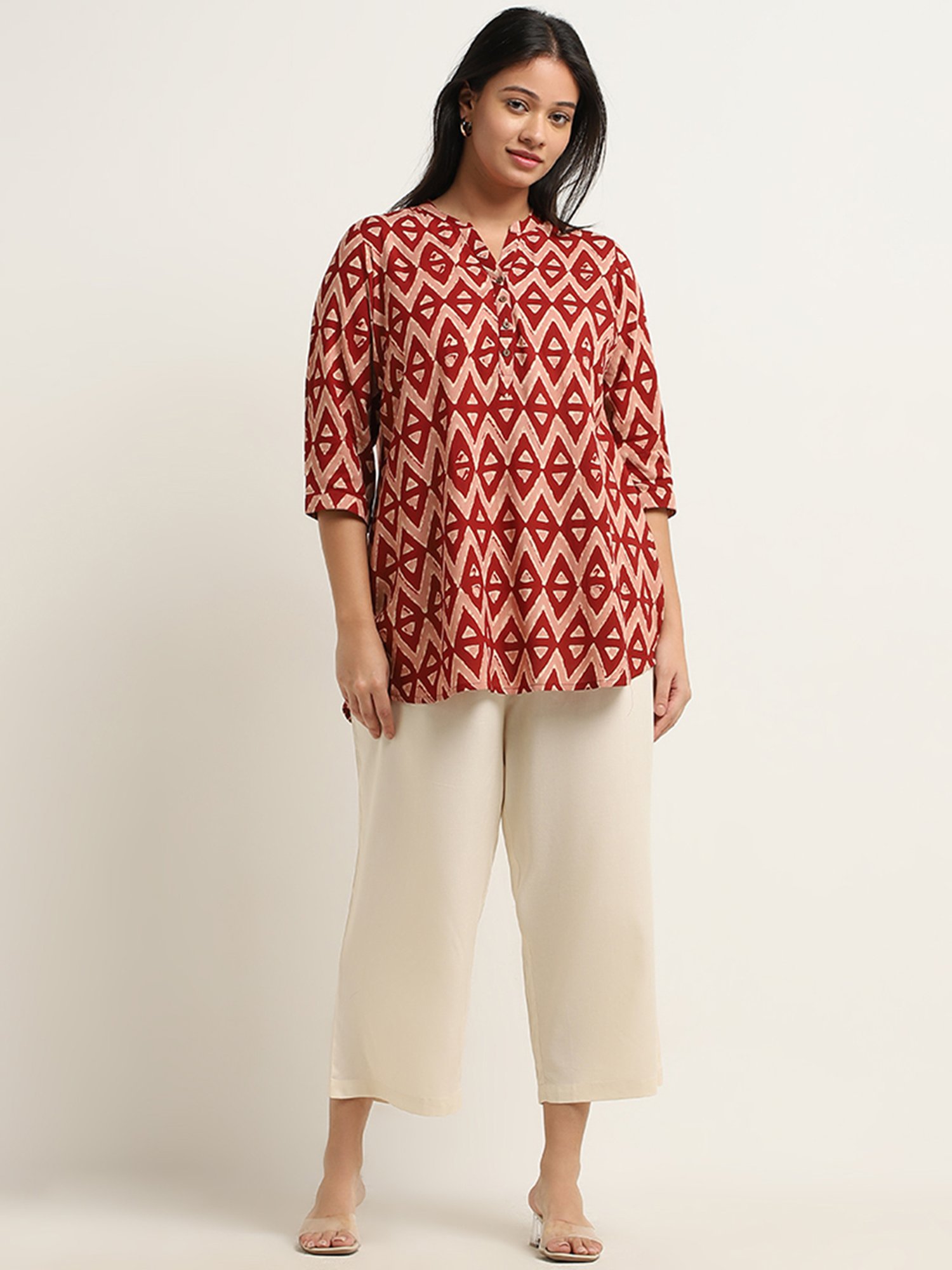 Diza by Westside Maroon Geometric Ikat Printed Straight Kurti