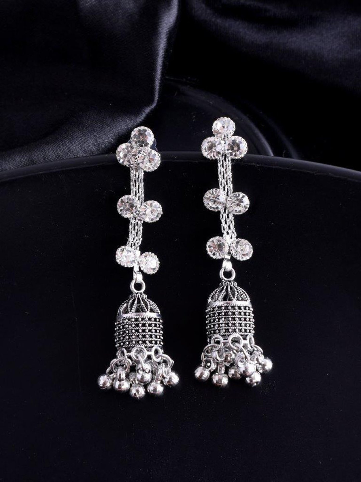VOJ Studded Oxidised Silver Plated Contemporary Drop Earrings for Women