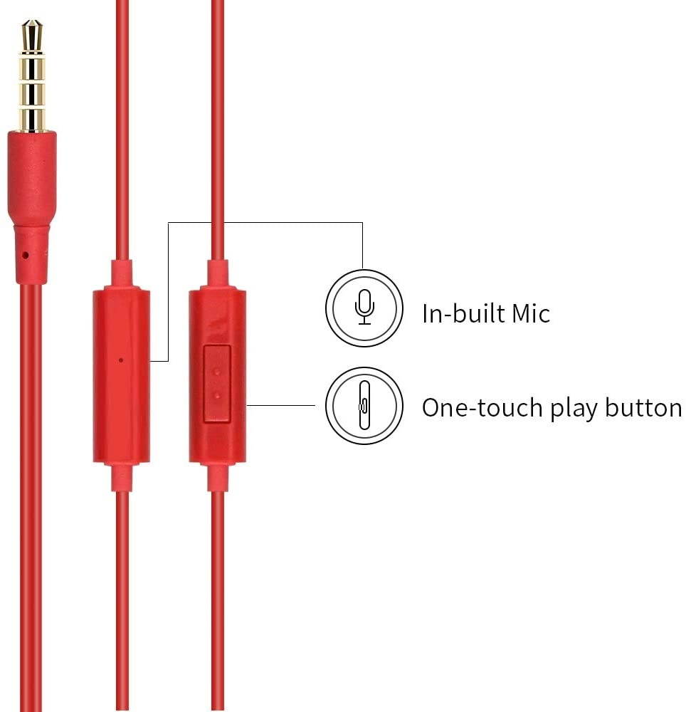 MINISO Colorful Music Earphone in-Ear Headphones with Microphone Comfortable Earbuds Cute Earphones for Mobile Smartphones Apple Xiaomi Realme Oppo Samsung Red