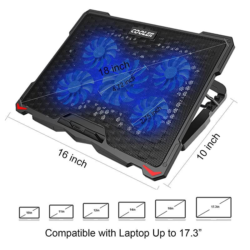 Laptop Cooling Pad 5 Fans Up to 173 Inch Heavy Notebook Cooler Blue LED Lights 2 USB Ports S035 Blue5fans