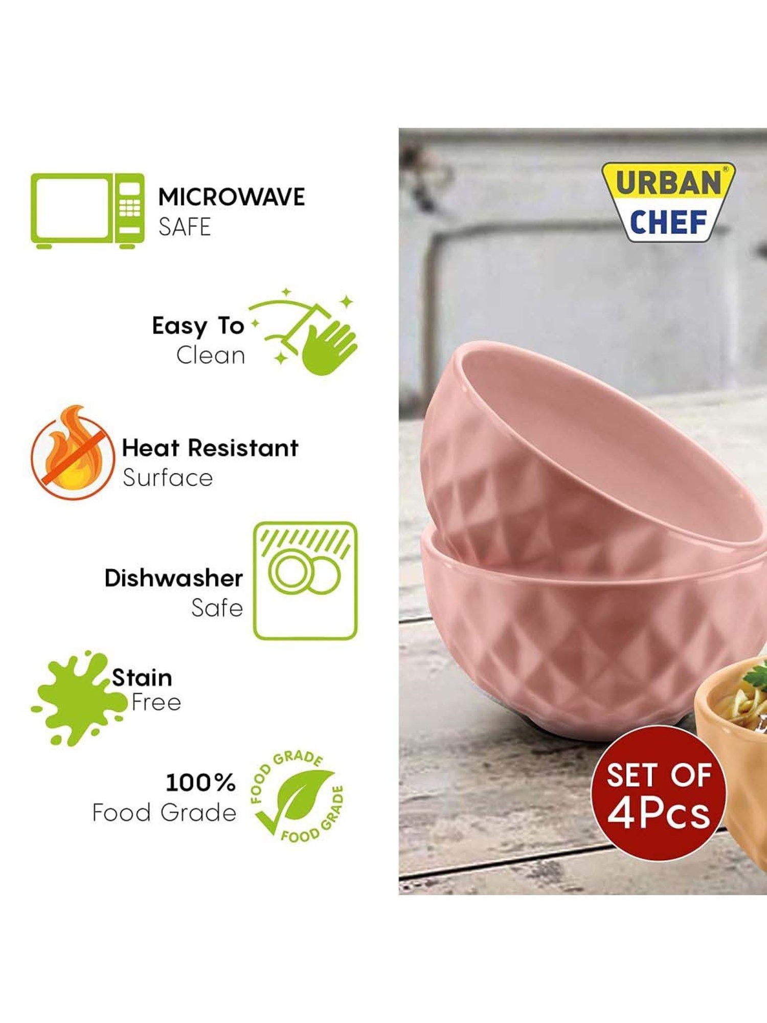 Urban Chef Pink & Brown Ceramic Handcrafted Microwave Safe Bowl (0.5 L) - Set of 4