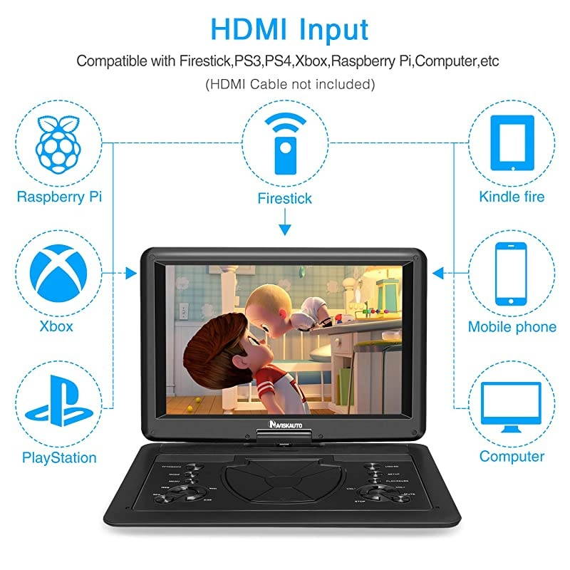 16" Portable DVD Player with HDMI Input Carrying Bag Rechargeable Battery Support 1080P MP4 USB Sync Screen Region Free