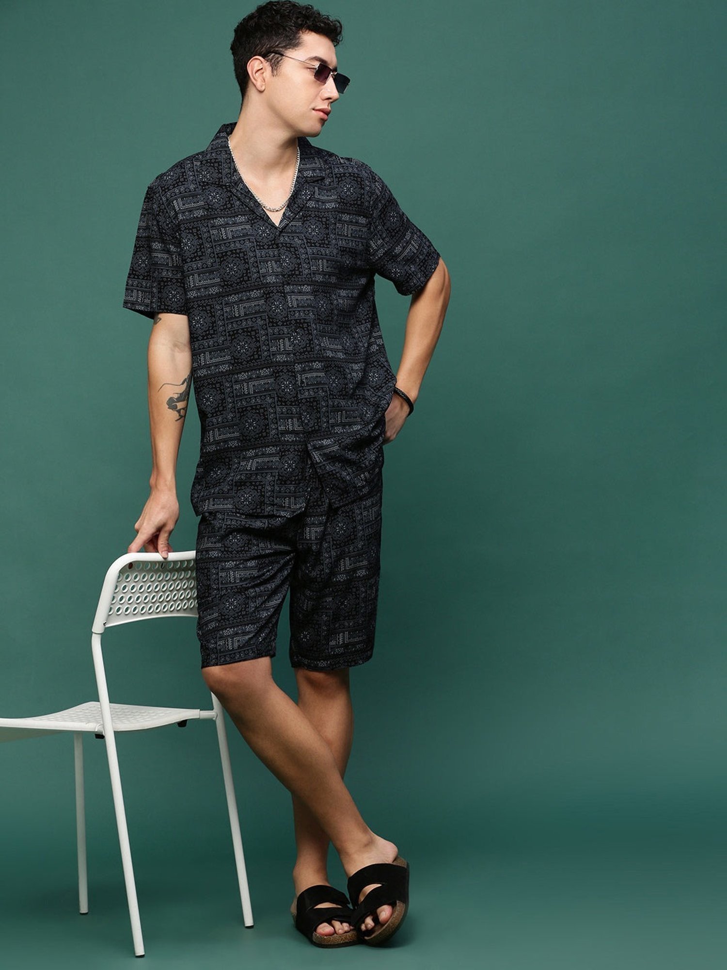 Showoff Black Cotton Regular Fit Printed Co-Ord Set