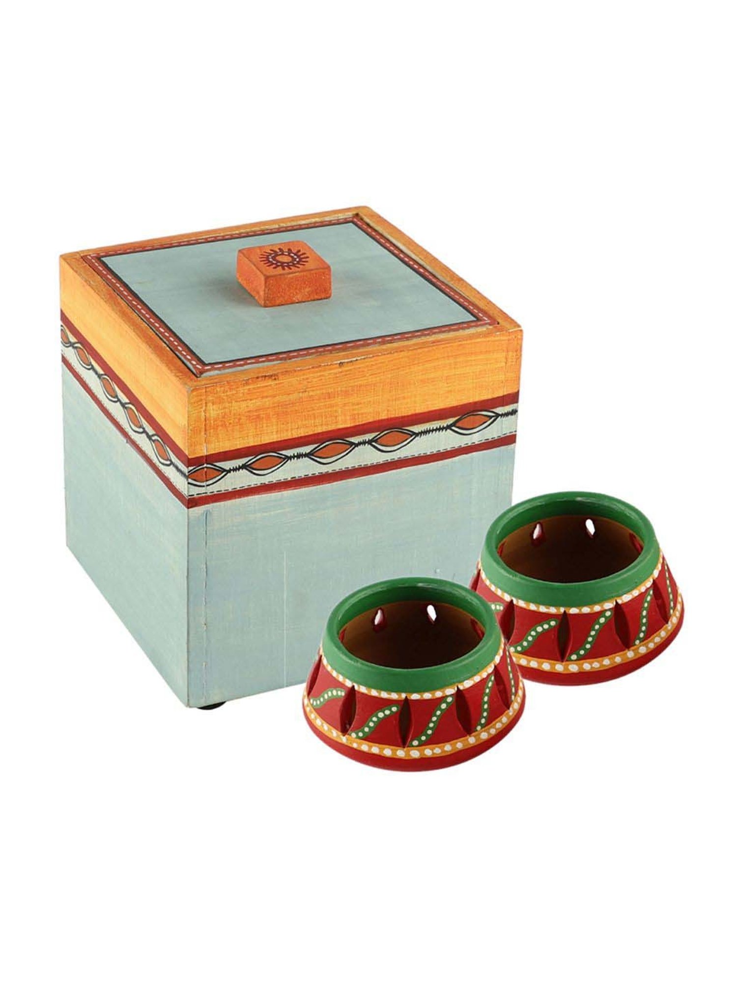 VarEesha Upahaar Blue & Red Wood Decorative Gift Box with 2 Tea Light Holders