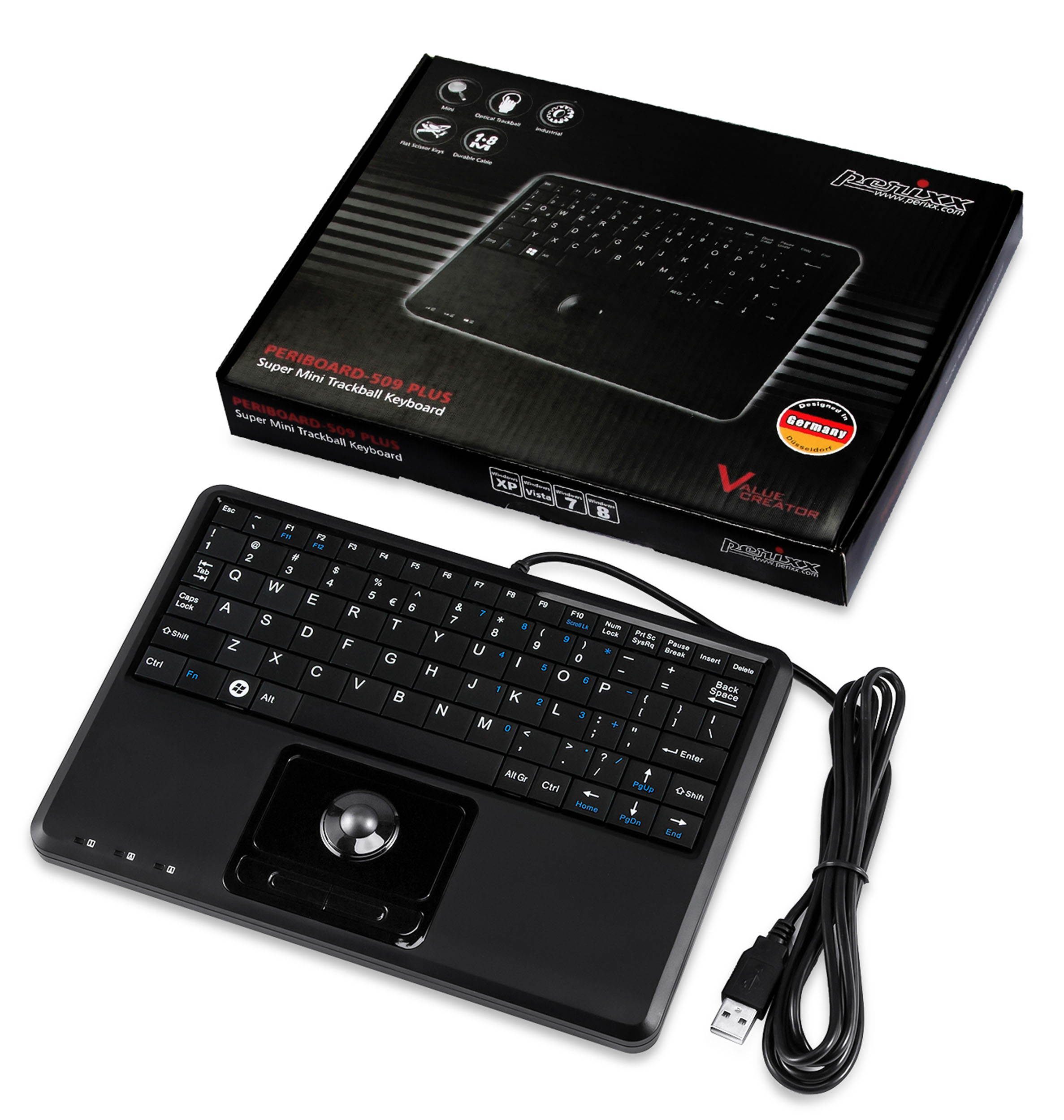 Perixx PERIBOARD-509H PLUS, Wired Keyboard with Trackball & USB Port - USB - Super Mini 9.05"x6.30"x0.90" Dimension - Built-in 2 x USB2.0 Hub - Silent X Type Scissor Keys - US English Layout