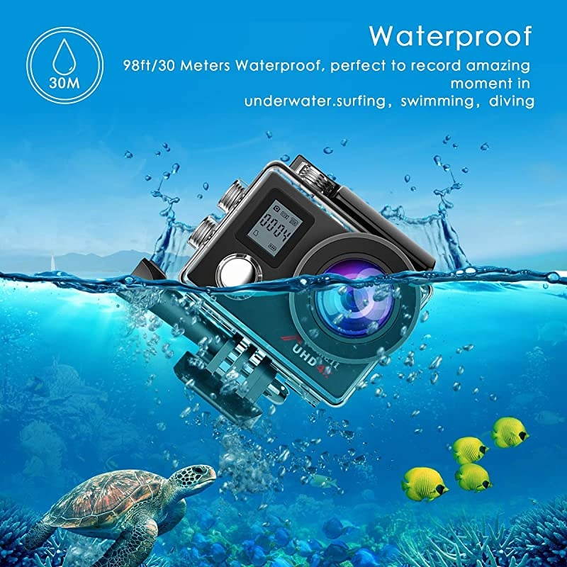 Action Camera 4K WiFi Ultra HD Camera Underwater 30M 170&deg;Wide-Angle Lens with Remote Control 2 Batteries and Mounting Accessories Kit