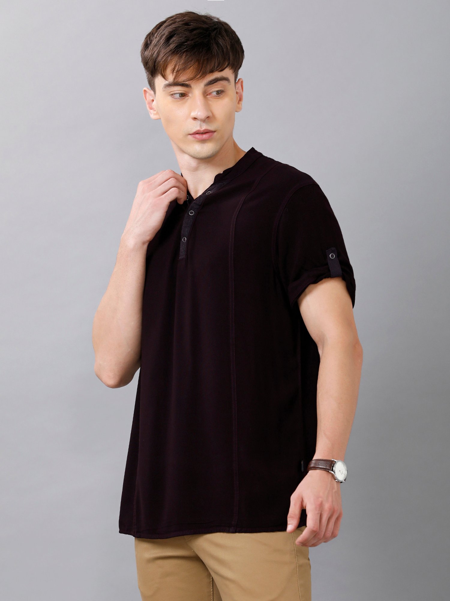 Identiti Dark Wine Mandarin Collar Short Kurta